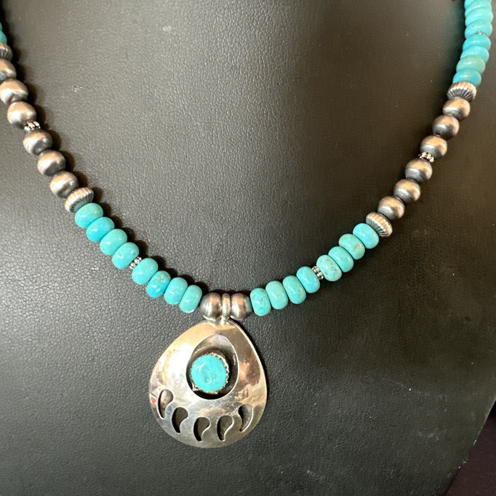 Mens Blue Turquoise BearPaw Pendant Navajo Pearls Sterling Silver Necklace 17880