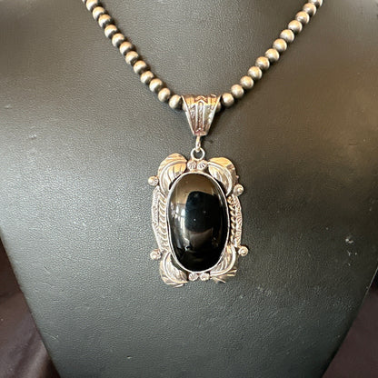 Mens Womens Black Onyx Pendant Navajo Sterling Silver Beads Necklace 18298