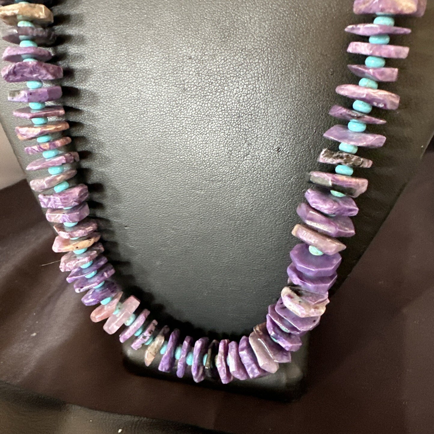 Popular Purple Charoite Blue Turquoise Navajo Sterling Silver Necklace 24” 18055