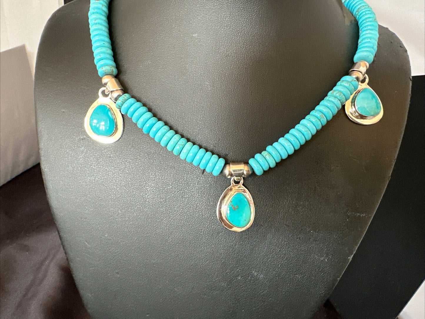 WoMens Blue Kingman Turquoise Pendants Navajo Sterling Silver Necklace 19” 18166
