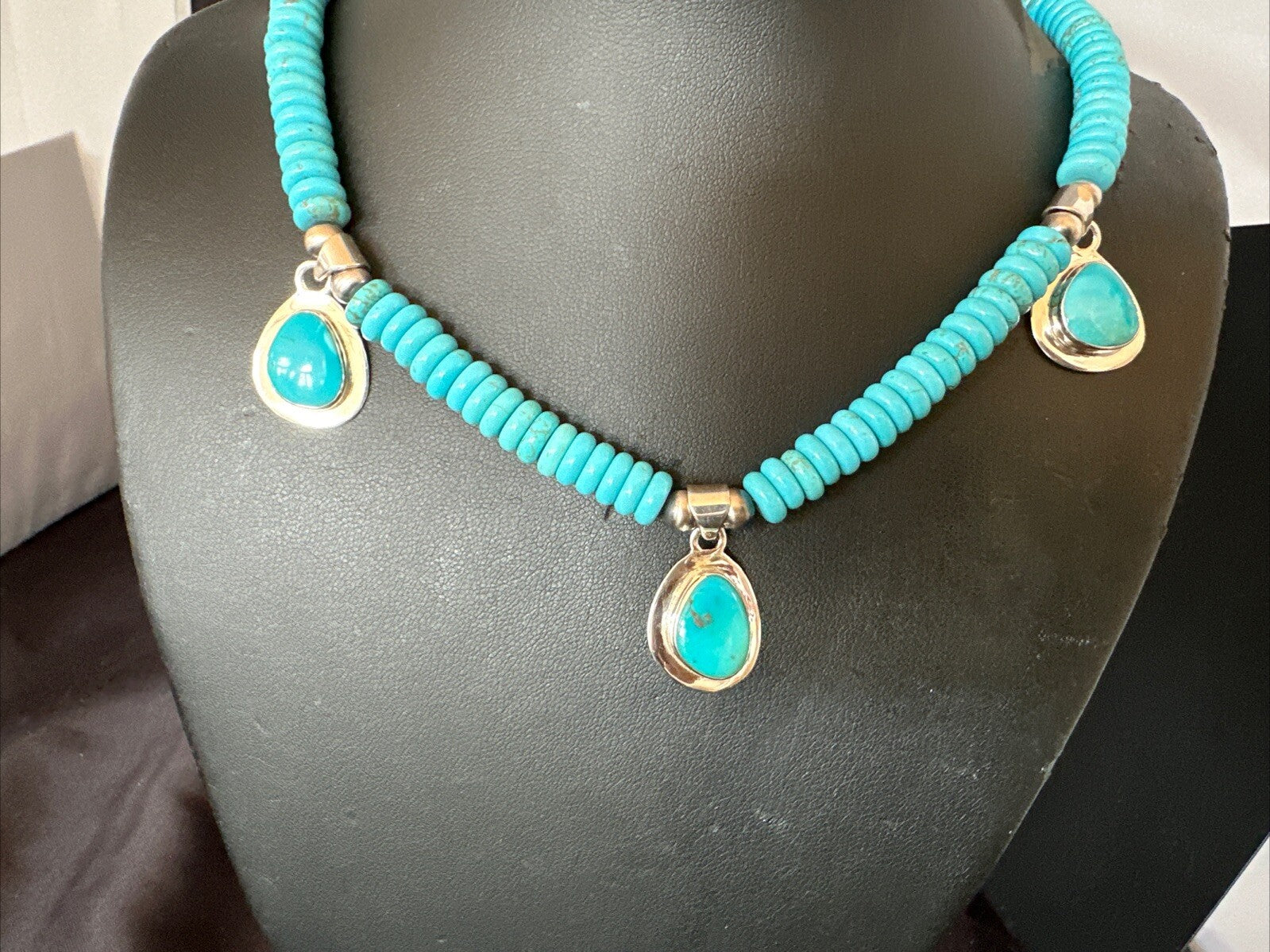 WoMens Blue Kingman Turquoise Pendants Navajo Sterling Silver Necklace 19” 18166