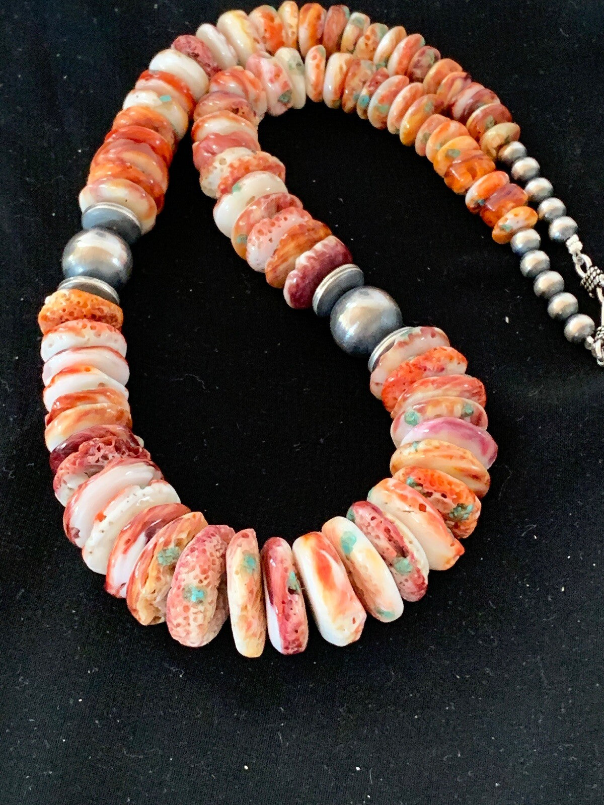 Native Red Spiny Oyster Navajo Pearls Sterling Silver Necklace 20" 03242
