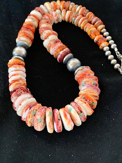 Native Red Spiny Oyster Navajo Pearls Sterling Silver Necklace 20" 03242