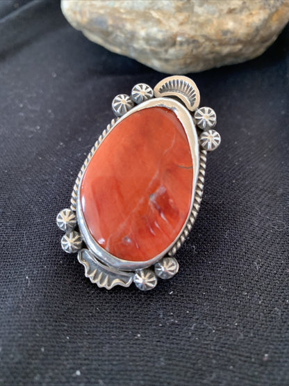 Womens Navajo Sterling Silver Red Spiny Oyster Ring S8.5 10204