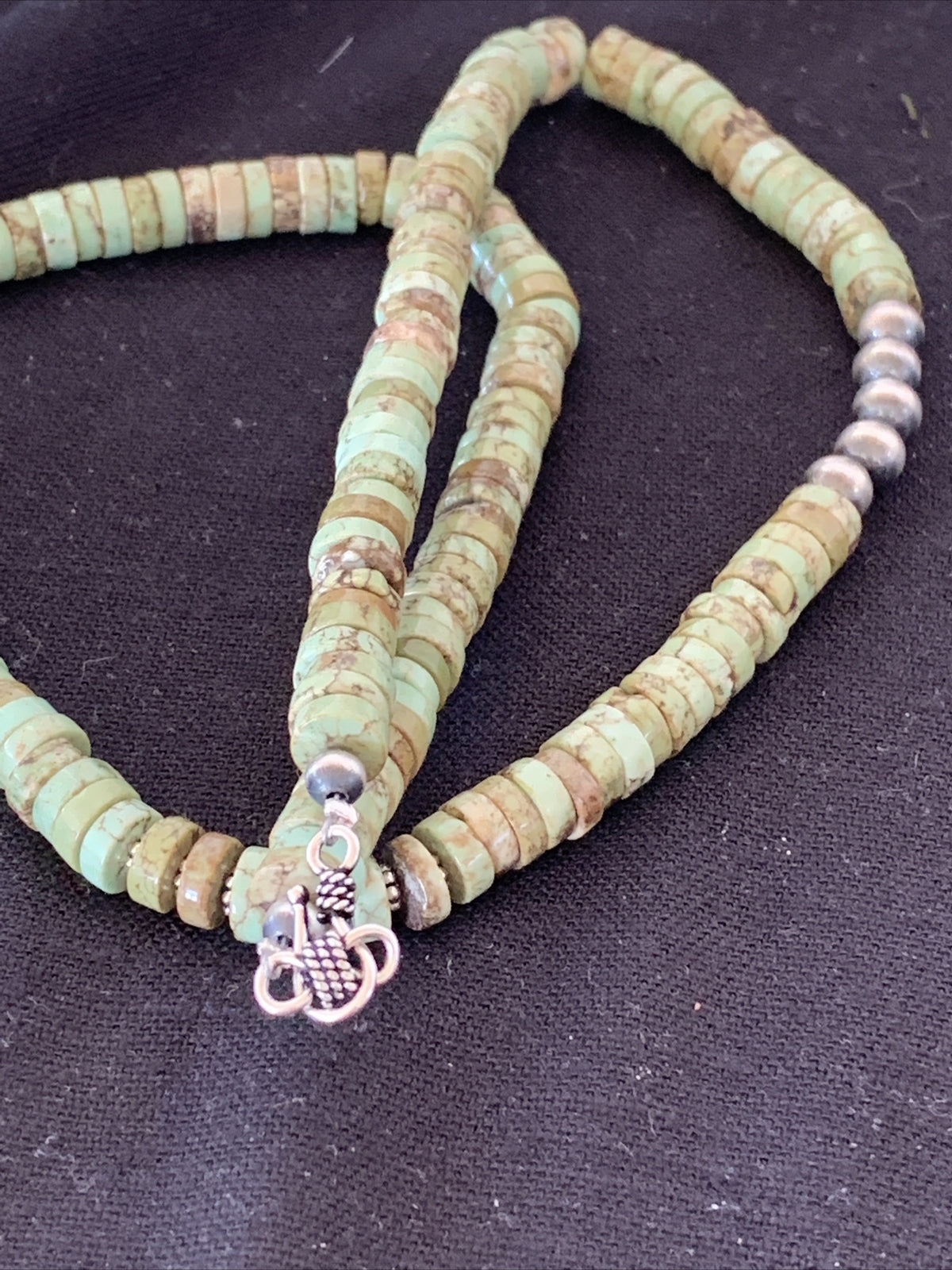 Men Green Turquoise Heishi Sterling Silver Necklace Navajo P Stab 8mm 22” 10084