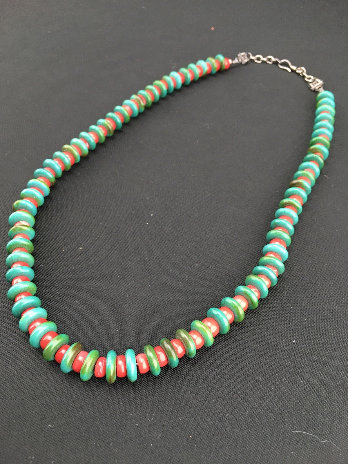 Native Mens Turquoise & Coral Bead Navajo Sterling Silver Necklace 22" 3712