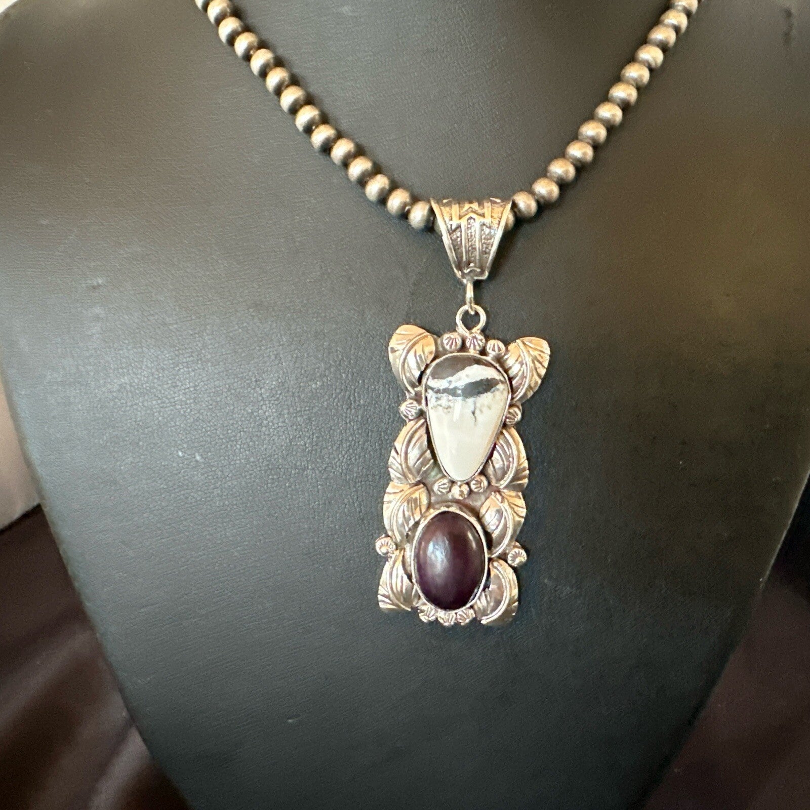 White Buffalo Turquoise  Purple Stone Pendant Navajo Sterling Silver 18036