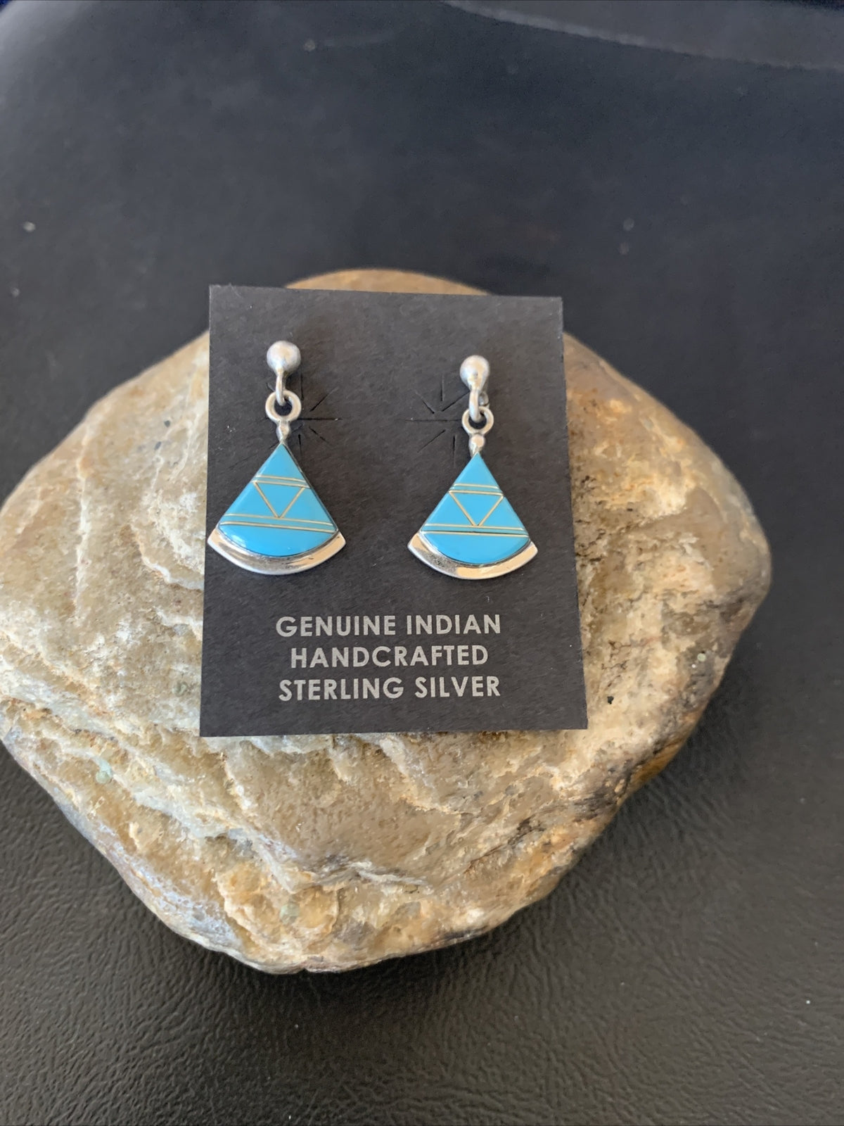 Blue Turquoise Inlay Zuni Sterling Silver Dangle Post Earrings 1" 12747
