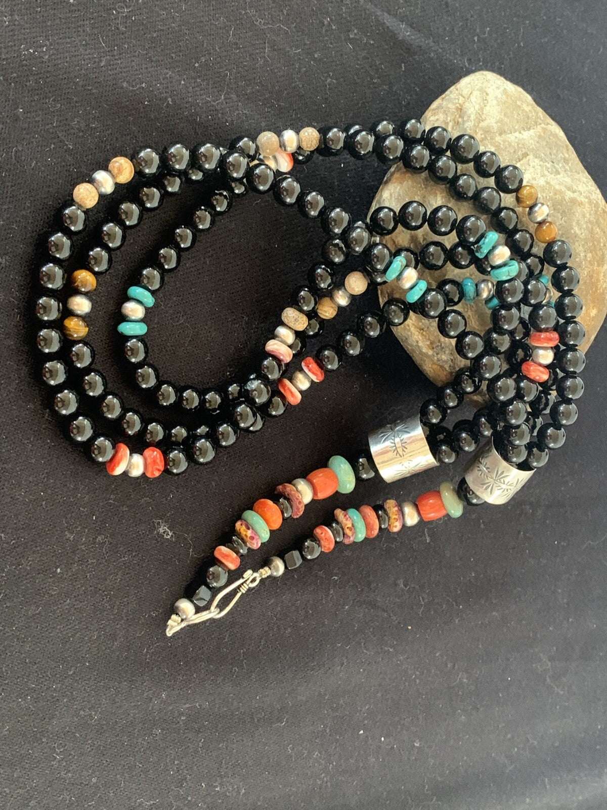 Turquoise Onyx Spiny Picture Jasper Navajo Sterling Silver Necklace 00380
