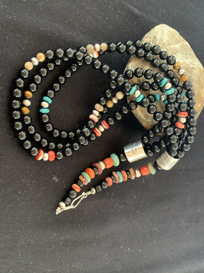 Turquoise Onyx Spiny Picture Jasper Navajo Sterling Silver Necklace 00380