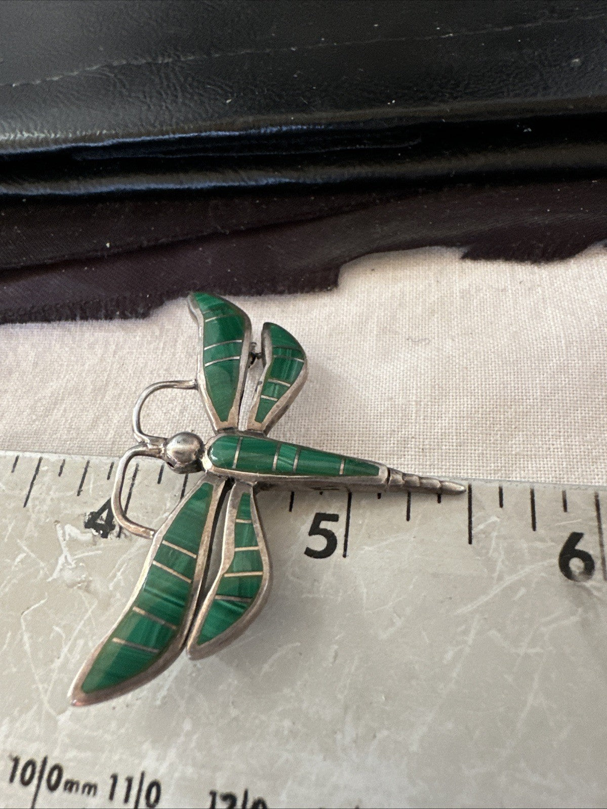 Rare Dragonfly Green Malachite Sterling Silver Inlay Pin 1.35” 19820