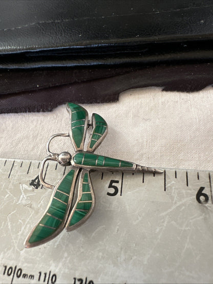 Rare Dragonfly Green Malachite Sterling Silver Inlay Pin 1.35” 19820