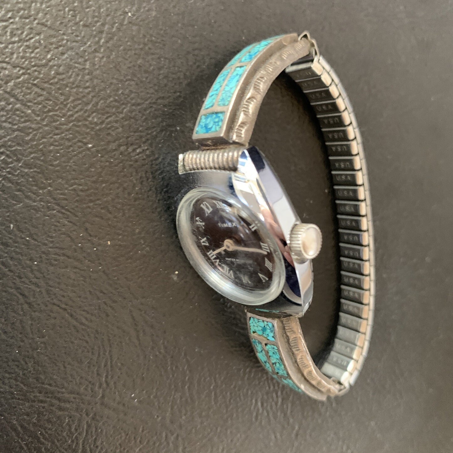 Blue Turquoise Chip Inlay Navajo Sterling Silver Old Pawn Watch Tips 1639