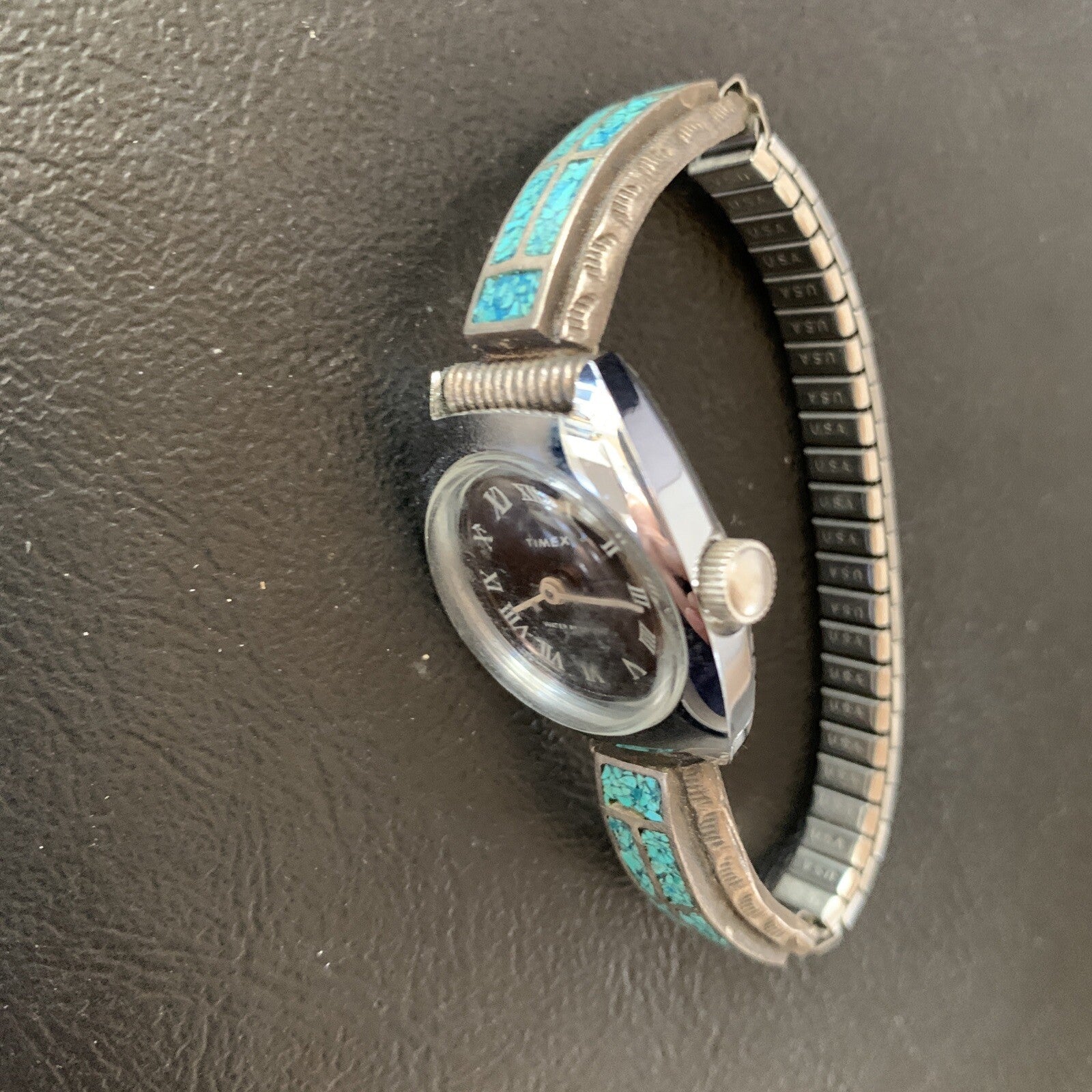 Blue Turquoise Chip Inlay Navajo Sterling Silver Old Pawn Watch Tips 1639