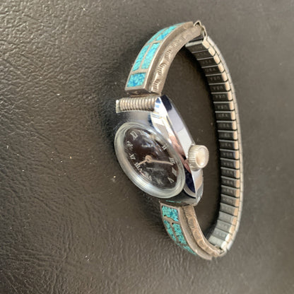 Blue Turquoise Chip Inlay Navajo Sterling Silver Old Pawn Watch Tips 1639