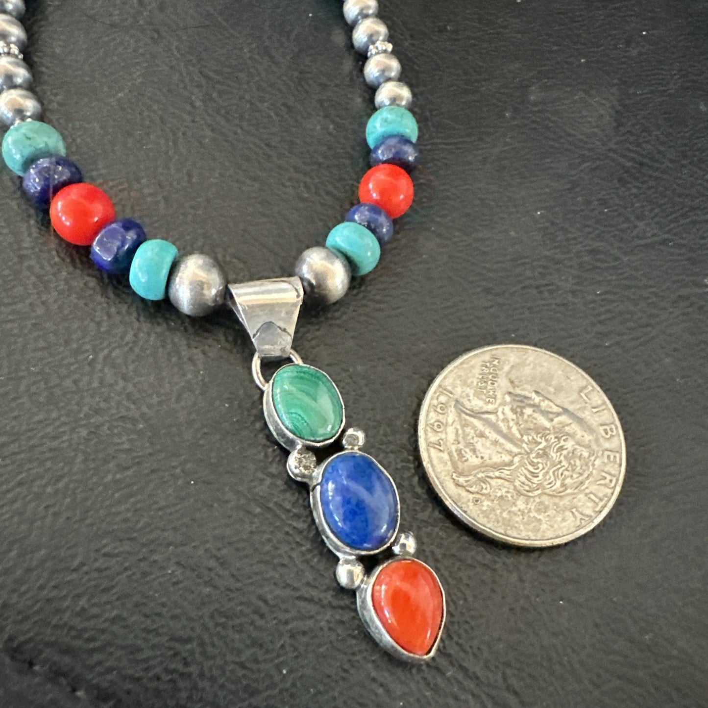 Multicolor Turquoise Coral Navajo Sterling Silver Cluster Pendant Necklace 19646