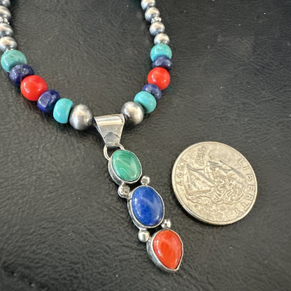 Multicolor Turquoise Coral Navajo Sterling Silver Cluster Pendant Necklace 19646