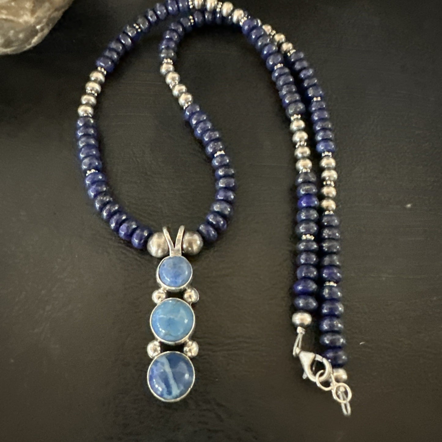 Handmade Blue Lapis Cluster Pendant NavajoSterling Silver Necklace 2" 19655
