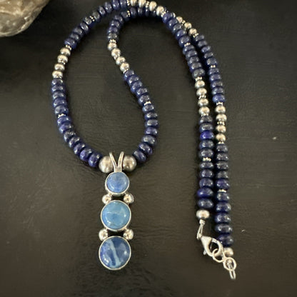 Handmade Blue Lapis Cluster Pendant NavajoSterling Silver Necklace 2" 19655