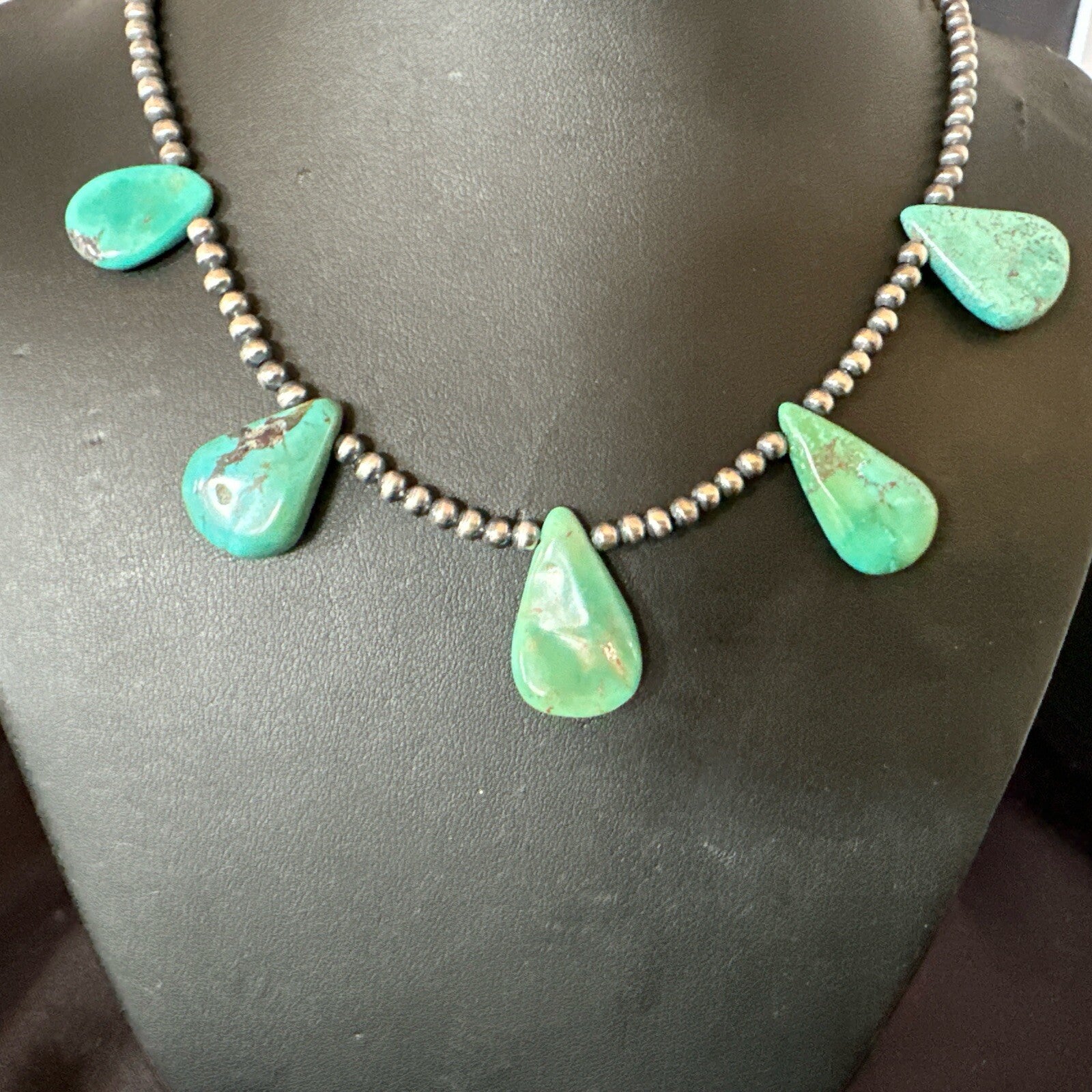 Blue Green Turquoise Teardrop Navajo Pearls Sterling Silver Necklace 20" 17746