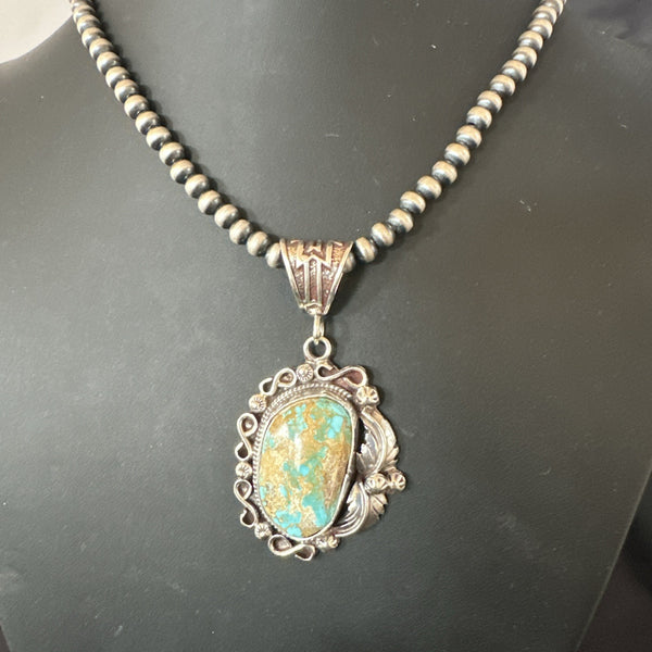 Women's Navajo Pearls Royston Turquoise Necklace Pendant | Sterling Silver | Authentic Native American Handmade | 19362