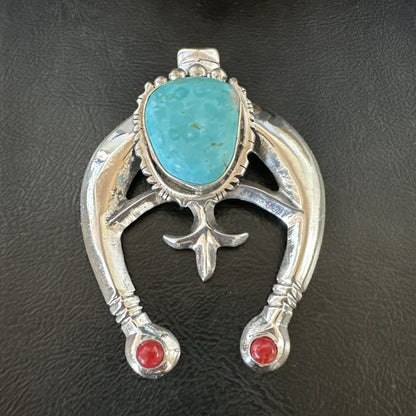 Tufa Cast Navajo Sterling Silver Blue Kingman Turquoise Coral Naja Pendant 19355