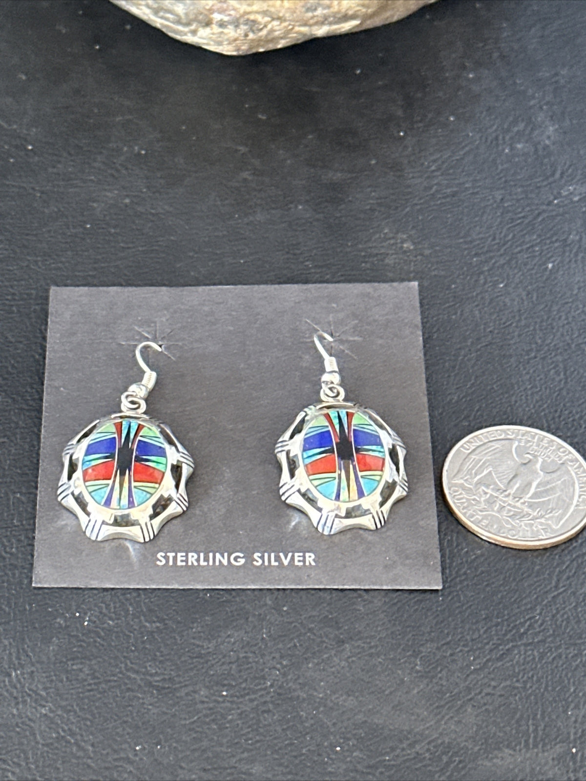 Blue Turquoise & Spiny Oyster Navajo Sterling Silver Inlay Earrings 1” 14763