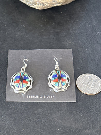 Blue Turquoise & Spiny Oyster Navajo Sterling Silver Inlay Earrings 1” 14763