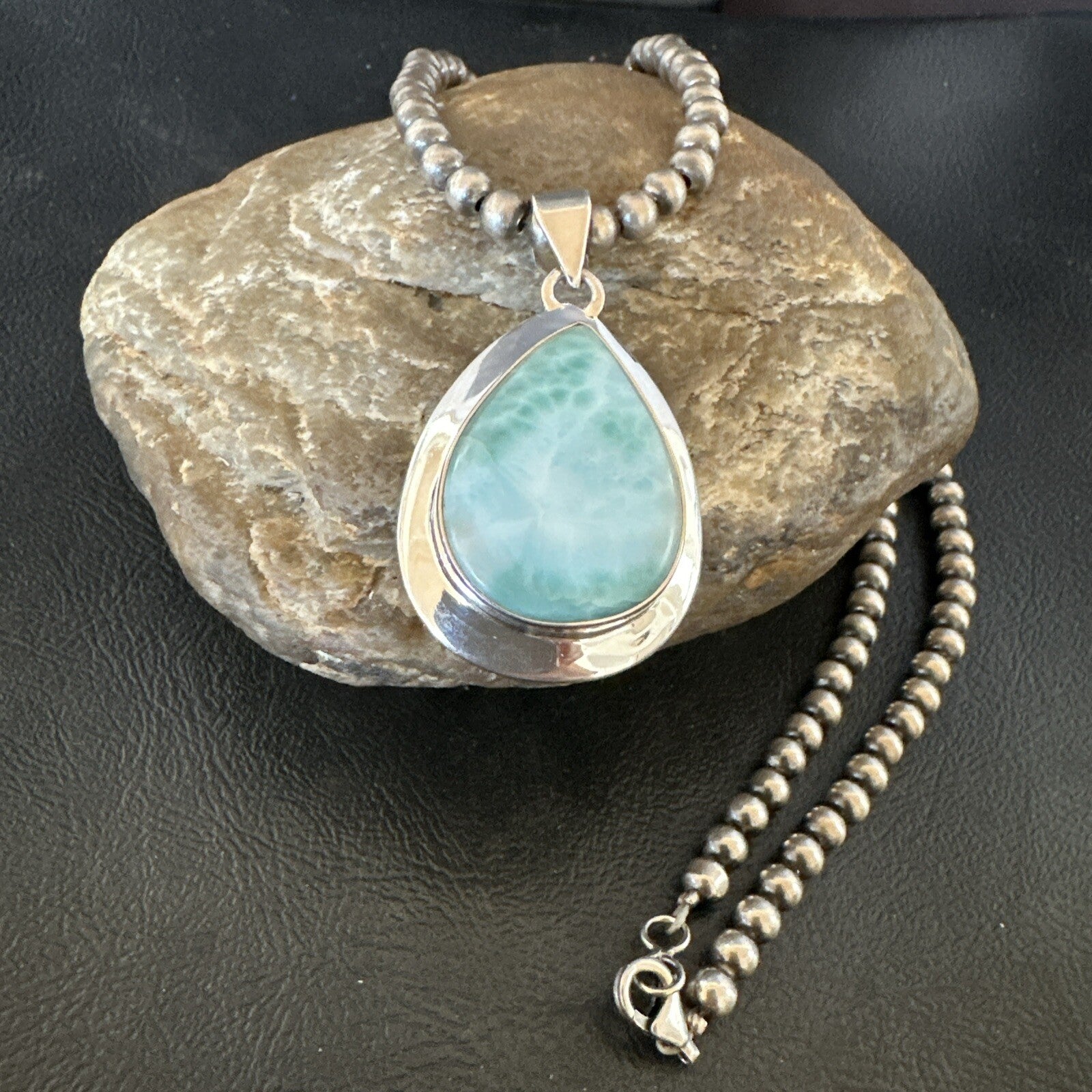 Womens Blue Larimar Pendant Navajo Sterling Silver Beads Necklace 17715