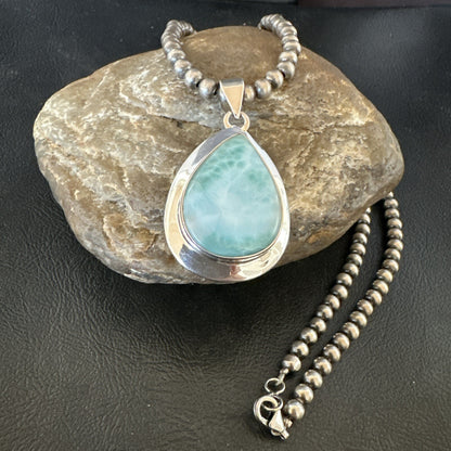 Womens Blue Larimar Pendant Navajo Sterling Silver Beads Necklace 17715