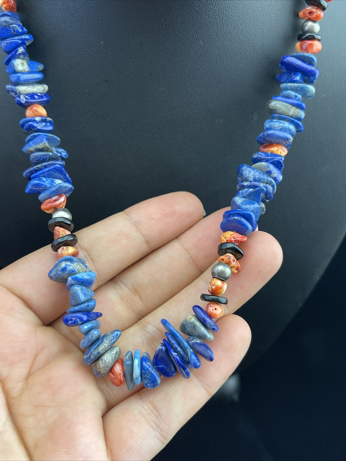 Mens Lapis Lazuli & Spiny Oyster Navajo Sterling Silver Necklace 18" 1737