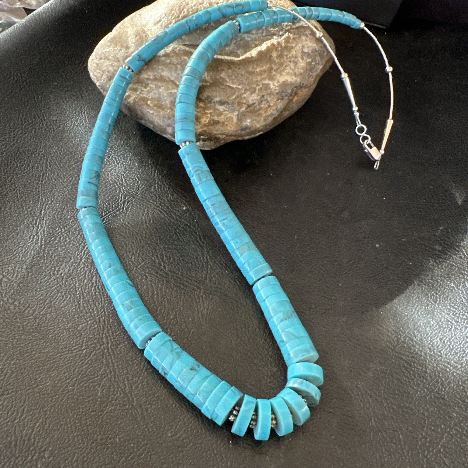 Blue Robin Egg Turquoise Heishi Stabilized Graduated Sterling 23” Necklace 19725