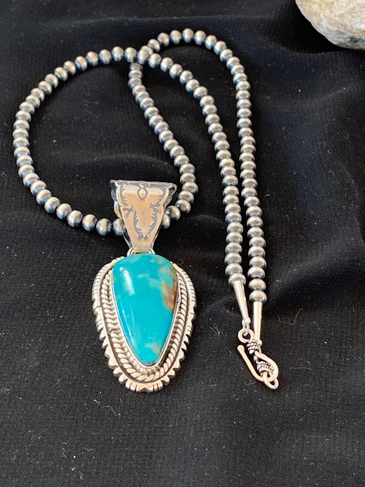 Navajo American Sterling Silver Kingman Turquoise Necklace Pendant Set 02992