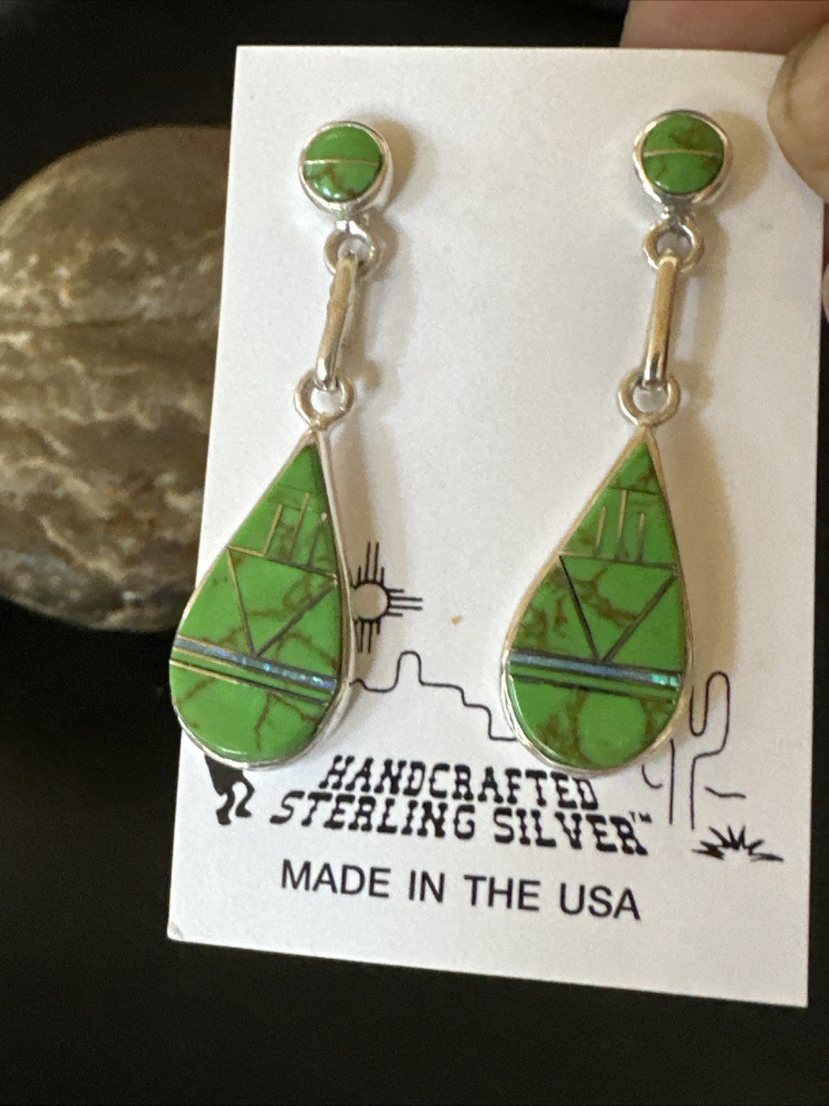 Green Gaspeite Southwestern Sterling Silver Inlay Earrings 1.5" 19154