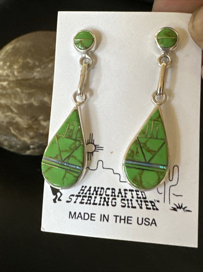 Green Gaspeite Southwestern Sterling Silver Inlay Earrings 1.5" 19154