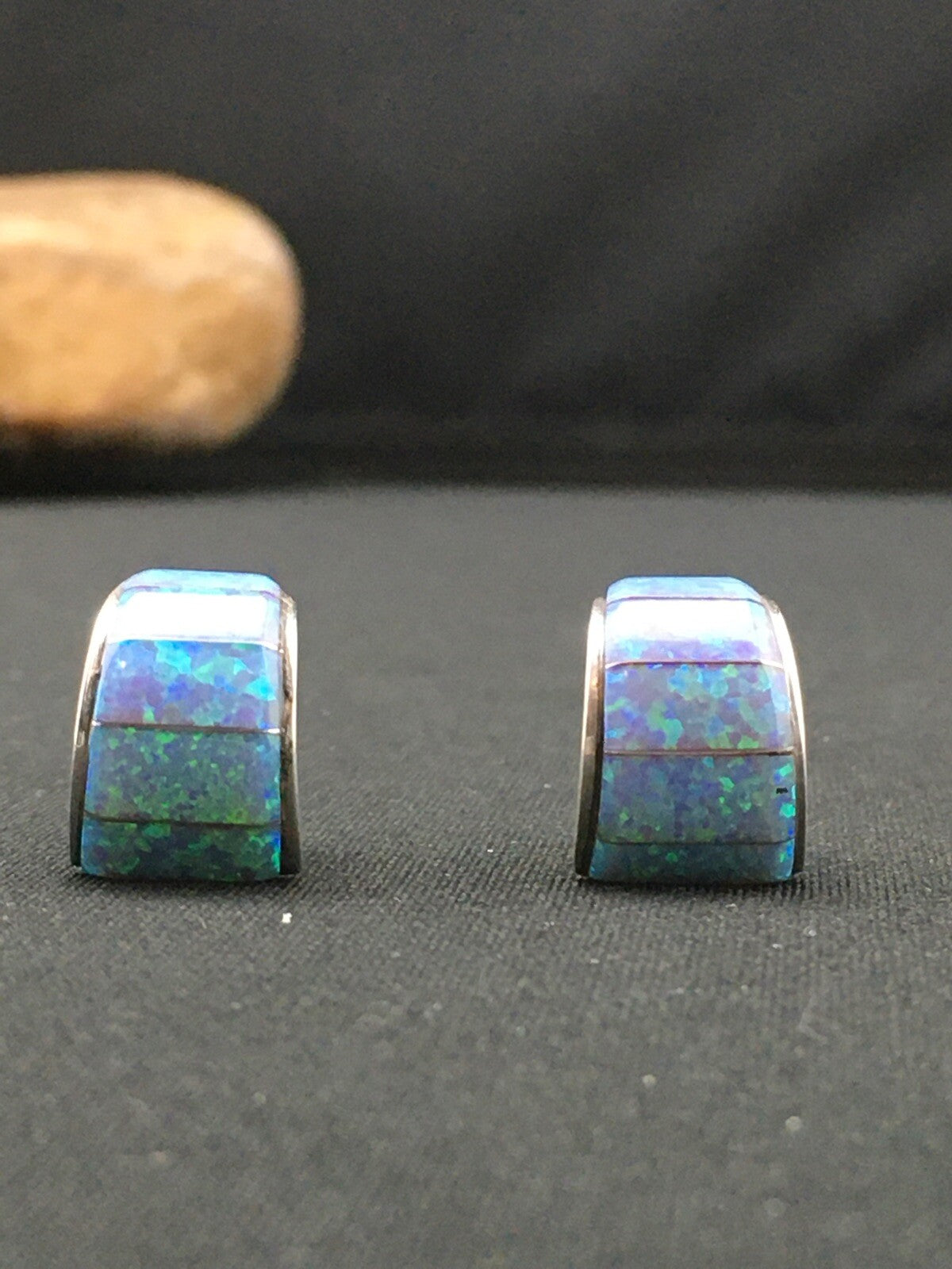 Native American Blue Opal Navajo Sterling Silver Earrings 0.5” 4740