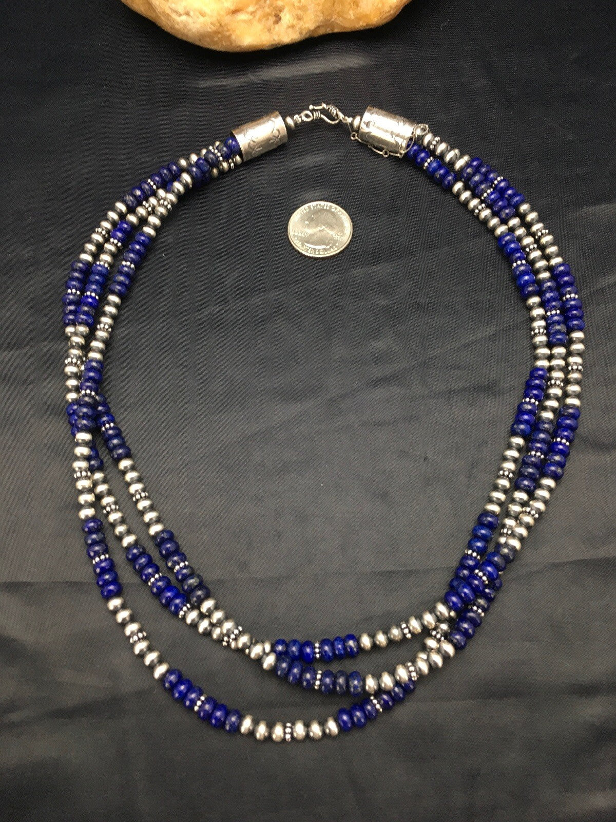 Blue Lapis Lazuli 3 Strands Navajo Sterling Silver Beads Necklace 02926