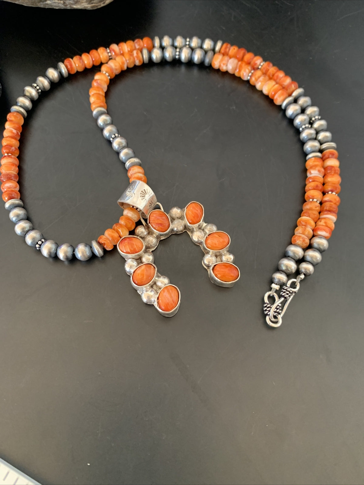 Spiny Oyster Naja Pendant Navajo Pearls Sterling Silver Necklace 12091