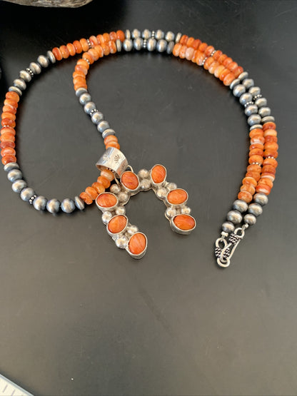 Spiny Oyster Naja Pendant Navajo Pearls Sterling Silver Necklace 12091