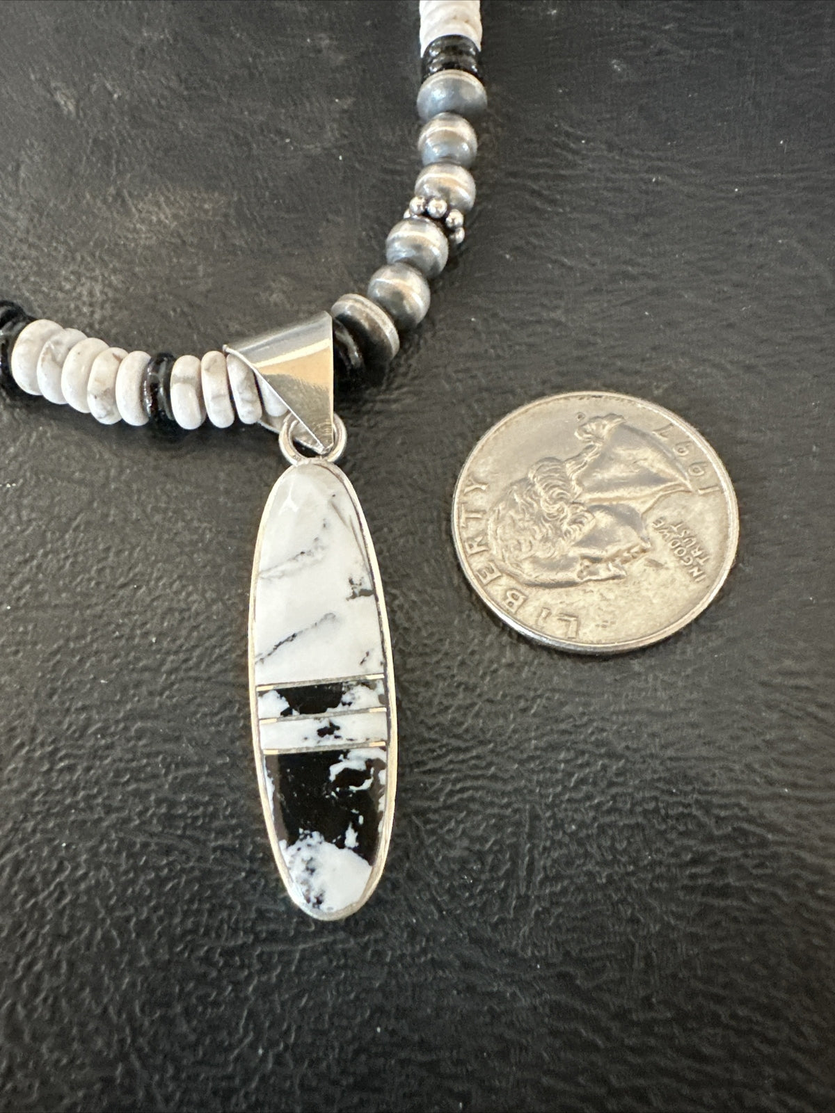 White Buffalo Turquoise Navajo Pearls Sterling Silver Onyx Necklace 17804