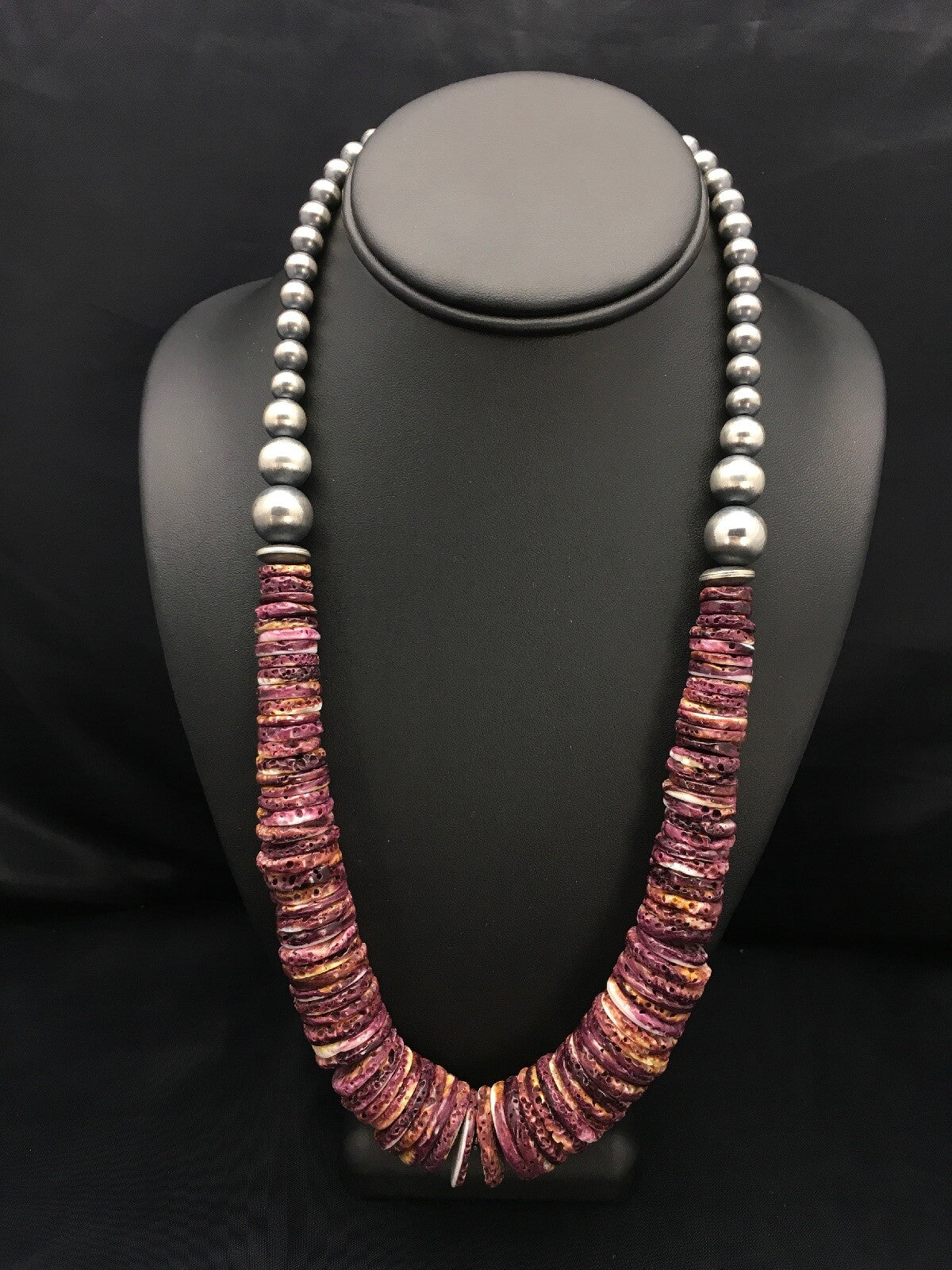 Purple Spiny Oyster Navajo Sterling Silver Beads Necklace 23" 02656