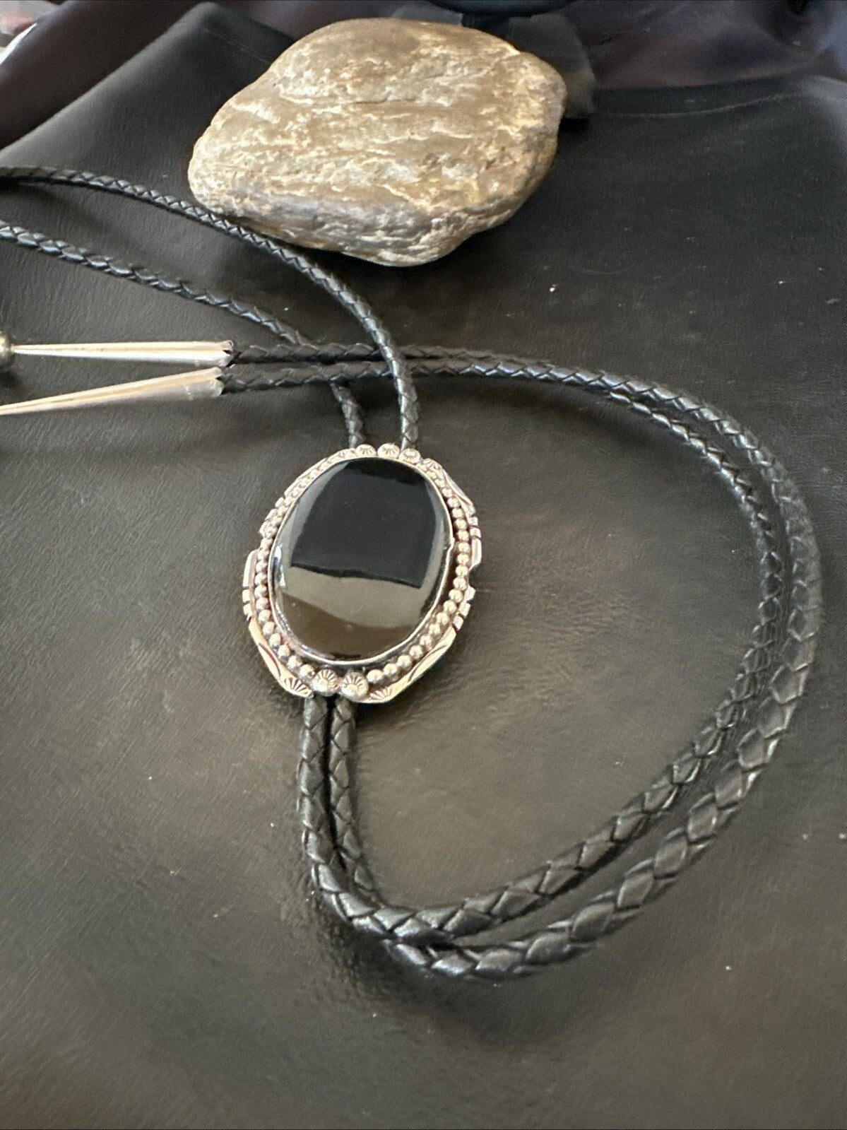 Mens Black Onyx Navajo Sterling Silver Bolo Tie 18663
