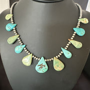 Blue Green Turquoise Navajo Pearls 20"Necklace | Sterling Silver | Authentic Native American Handmade | 19245