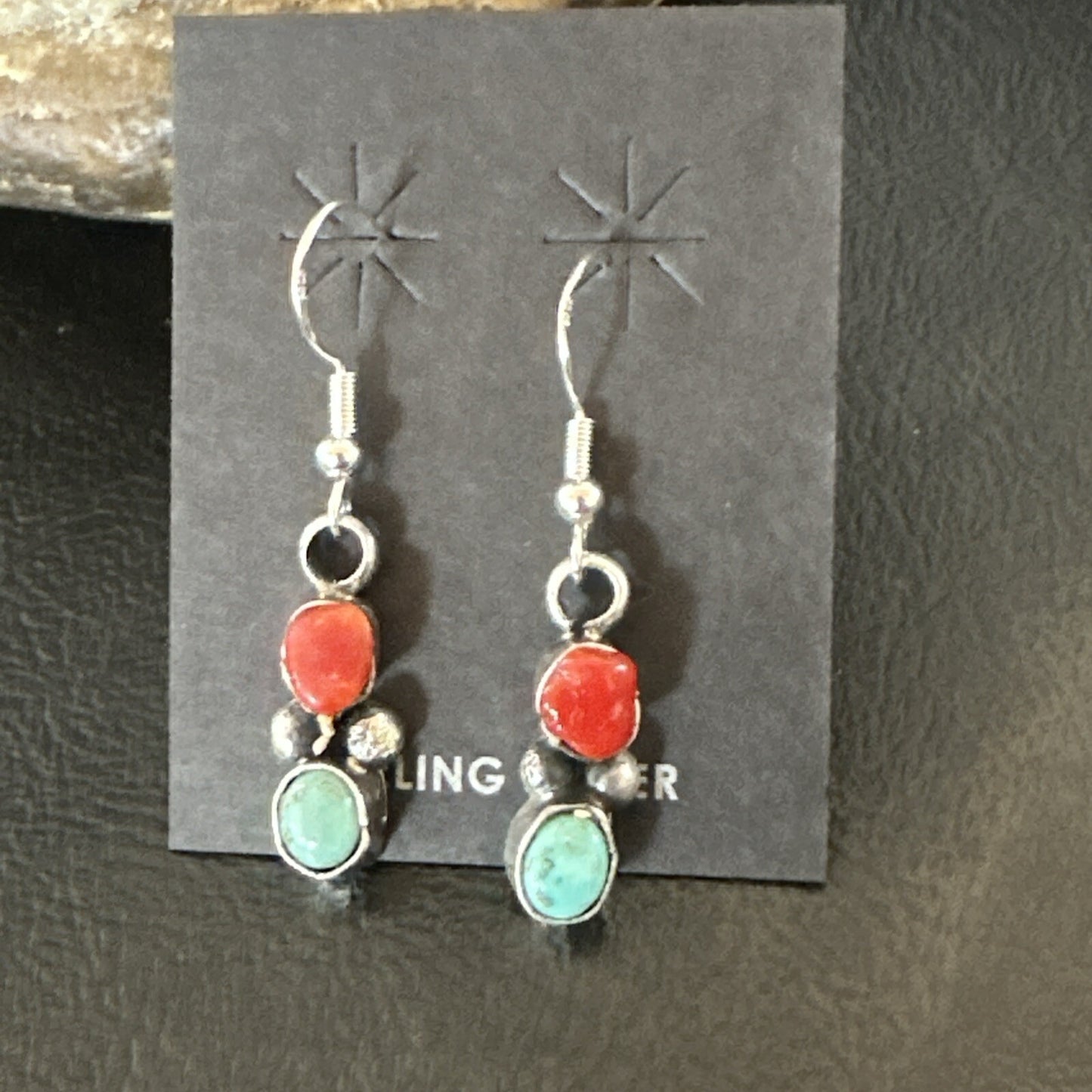 Handmade Blue Turquoise Red Coral Sterling Silver Navajo Dangle Earrings 18841