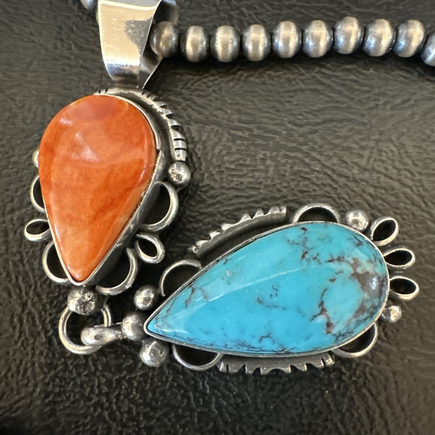 Multicolor Turquoise Spiny Navajo Sterling Silver Cluster Pendant Necklace 19558
