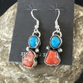 Handmade Blue Turquoise Red Coral Navajo Dangle Earrings | Sterling Silver | Authentic Native American Handmade | 18839