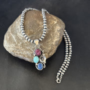 Multicolor Turquoise Lapis Navajo Cluster Pendant Necklace | Sterling Silver | Authentic Native American Handmade | 19246