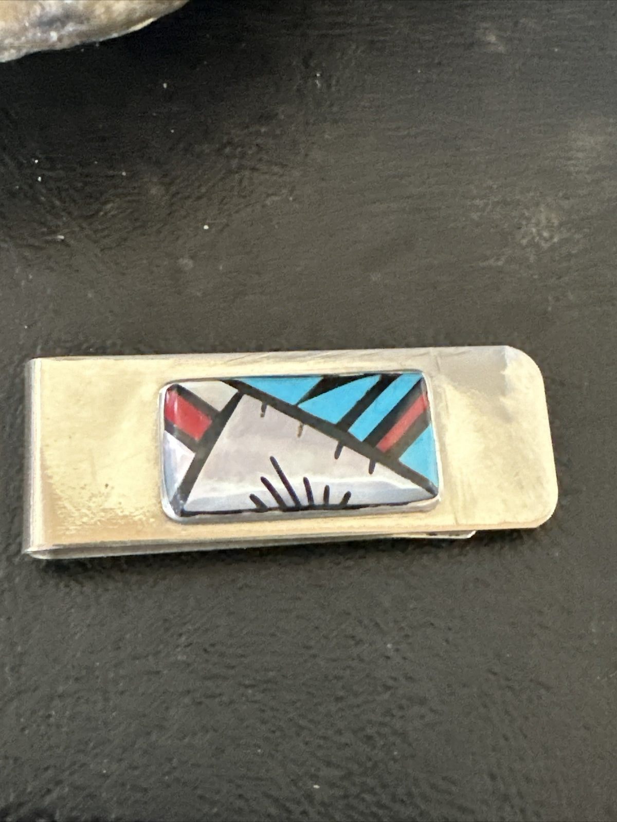 A Zuni Mens Turquoise Spiny Inlay Stainless Sterling Silver Money Clip 17833