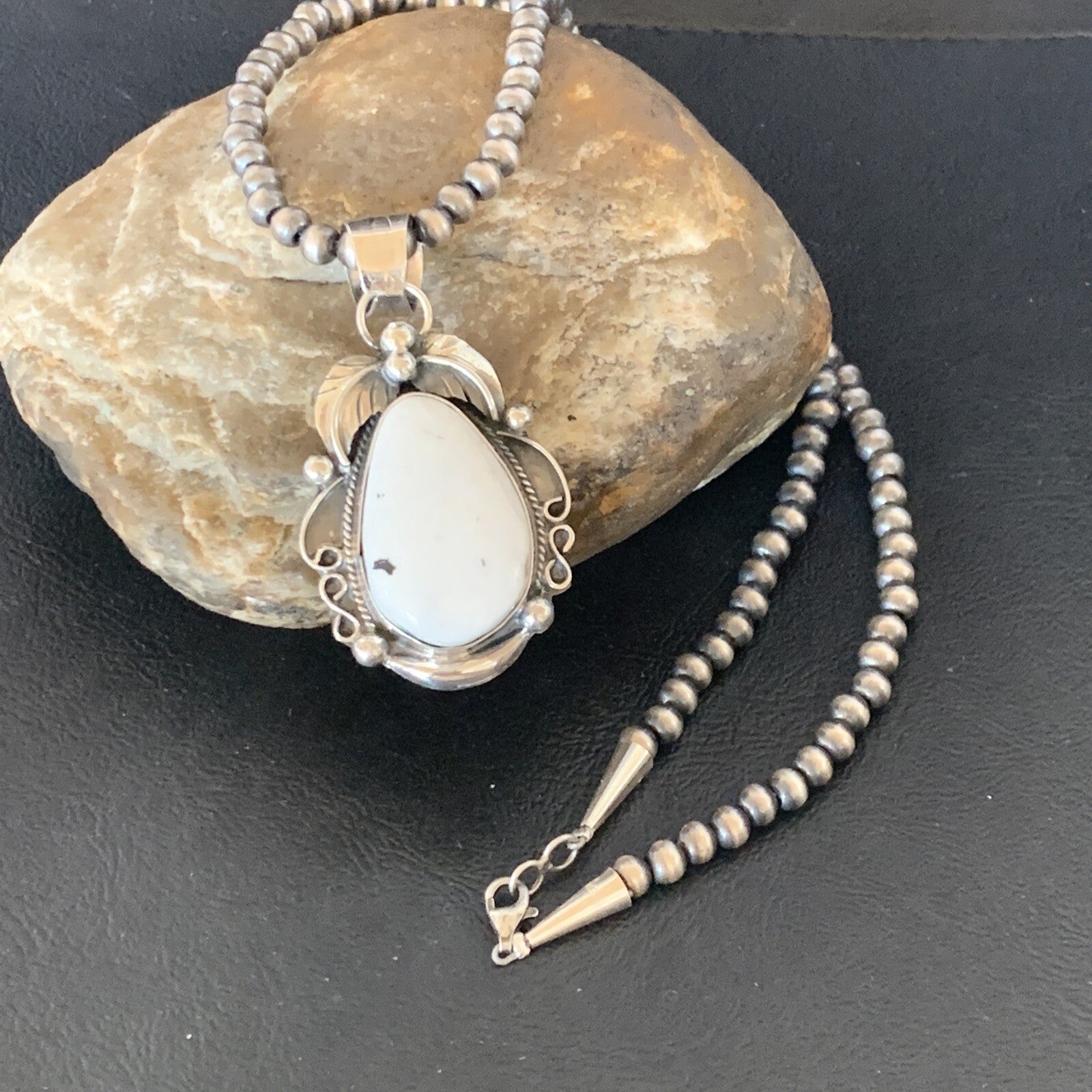 Men White Buffalo Turquoise Pendant Sterling Silver Beads Necklace 12668N