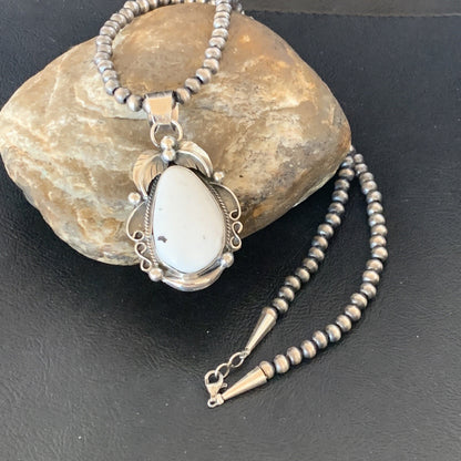 Men White Buffalo Turquoise Pendant Sterling Silver Beads Necklace 12668N